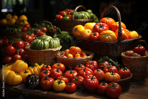 A farmer s market stall offering heirloom tomatoes in different shapes and colors  celebrating unique tomato varieties. Concept of tomato diversity. Generative Ai.