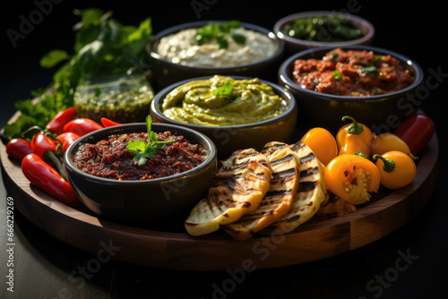 A Mediterranean-inspired mezze platter featuring an assortment of pickled and marinated vegetables. Concept of Mediterranean cuisine. Generative Ai.