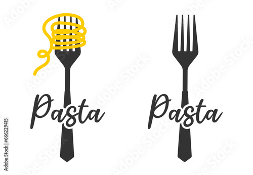 Pasta roll on the fork. Italian pasta with fork silhouette. Black fork with spaghetti on the yellow background. Hand holding a fork with spaghetti.