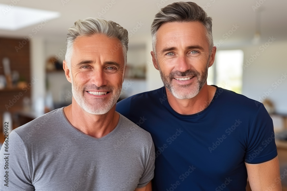 Smiling middle aged homosexual men couple hugging and looking at camera in modern living room at home Smiling middle aged homosexual men couple hugging and looking at camera in modern living room at home