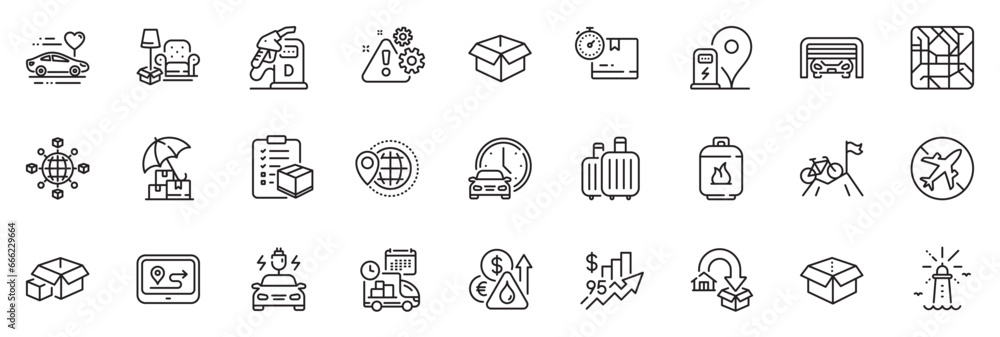 Icons pack as World travel, Fuel price and Mountain bike line icons for app include Open box, Charging station, Opened box outline thin icon web set. Metro map, Gas cylinder. Vector