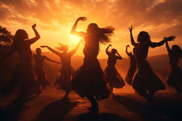 silhouettes of several women dancing a ritual traditional spiritual dance for fun into the sunset, orange sunlight