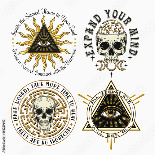 Set of labels with all seeing eye, skulls, labyrinth, text. Concept of intuition, secret knowledge, psychic abilities Colorful mystical vintage illustrations for clothing, apparel, T-shirts design
