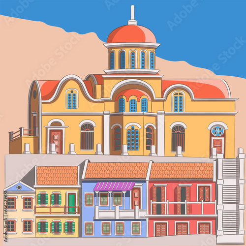Traditional colorful houses with a church on the island of Symi. Greece.