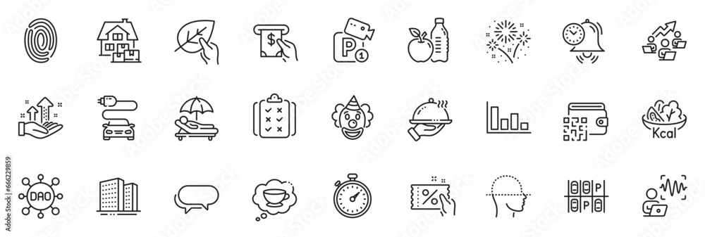 Icons pack as Car charge, Sunbed and Teamwork chart line icons for app include Buildings, Timer, Dao outline thin icon web set. Fireworks, Home moving, Fingerprint pictogram. Voice wave. Vector