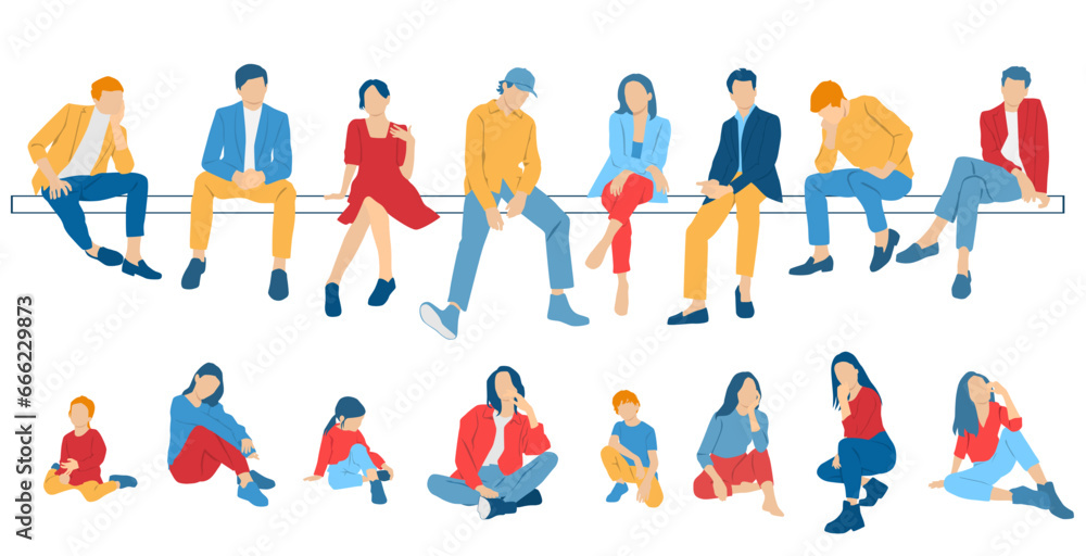 Men, women, teenagers and child sitting on a bench, different colors, cartoon character, group  silhouettes of business people, students, the design concept of flat icon, isolated on white background