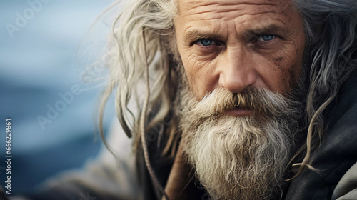 Close_up scandinavian man long grey hair