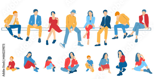 Men, women, teenagers and child sitting on a bench, different colors, cartoon character, group  silhouettes of business people, students, the design concept of flat icon, isolated on white background