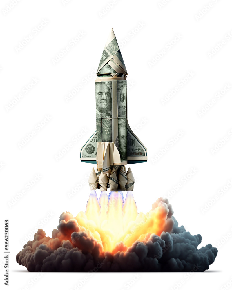 Launch of a Money rocket isolated on clear PNG background, made of ...