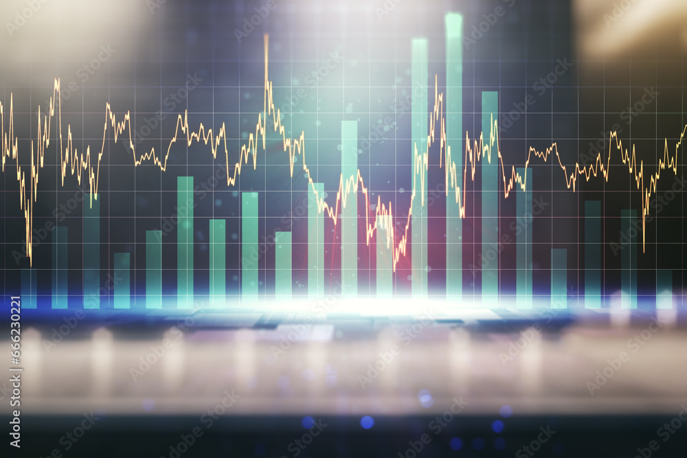 Multi exposure of virtual creative financial chart hologram on modern business center exterior background, research and analytics concept Multi exposure of virtual creative financial chart hologram on modern business center exterior background, research and analytics concept
