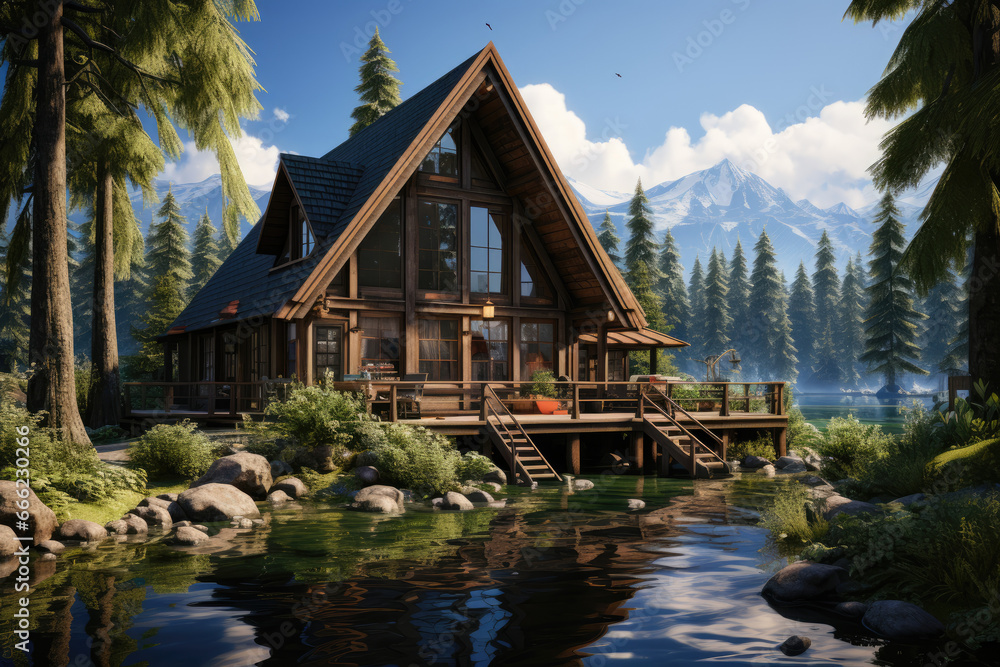A serene lakeside cabin surrounded by pine trees, offering a secluded retreat in the heart of nature. Concept of lakeside solitude. Generative Ai. A serene lakeside cabin surrounded by pine trees, offering a secluded retreat in the heart of nature. Concept of lakeside solitude. Generative Ai.