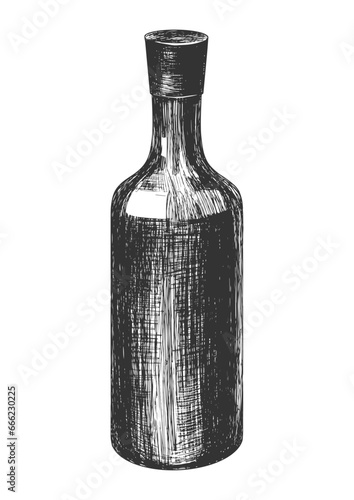 Wine bottle sketch isolated on white background. Engraving style bottle. Black and white hand drawn illustration. Vector