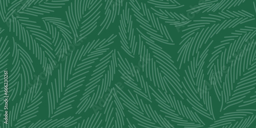 Pattern with spruce needles. Winter linear botanical pattern. Line illustration with Christmas tree branches and leaves on dark green background. Pine needles texture