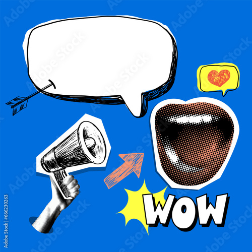 Pop art style screaming mouth. Halftone female lips in retro comic style. Hand drawn megaphone, speech bubble. Advertising concept. Marketing. Sale banner. Design elements to attract attention