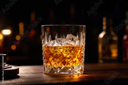 One glass of elegant whiskey with ice cubes on a wooden bar counter against the background of a shelf with bottles. Cinematic warm dim light cafe at home.