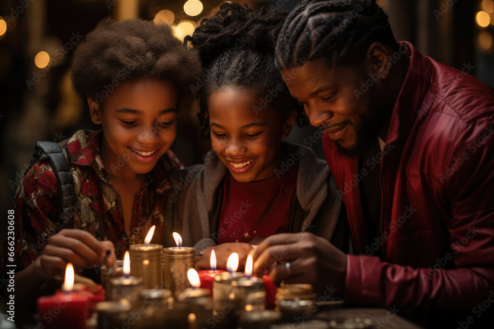 A family lighting a candlelit advent wreath as part of their St. Lucia's Day traditions, marking the start of the Christmas season. Generative Ai. A family lighting a candlelit advent wreath as part of their St. Lucia's Day traditions, marking the start of the Christmas season. Generative Ai.
