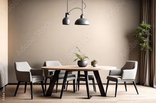 circle brown dining table near wall with art frame. Japani interior design of modern dining room.