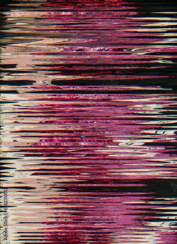 Color distortion background. Glitch art. Static noise. Pink purple fuzzy pixel lines artifacts texture on dark black abstract illustration wallpaper.
