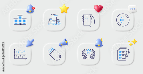 Boxes pallet, Survey checklist and Euro money line icons. Buttons with 3d bell, chat speech, cursor. Pack of Ask question, Dot plot, Usb stick icon. Ranking, Company pictogram. Vector