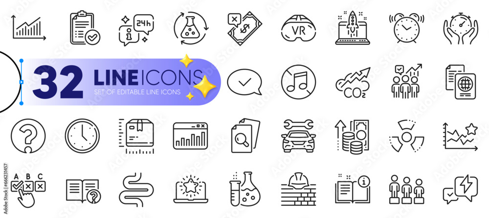 Outline set of No music, Timer and Chemical hazard line icons for web with Chemistry experiment, Help, Equality thin icon. Approved message, Business statistics, Inspect pictogram icon. Vector