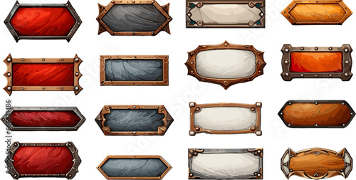 Empty medieval frames. Game ui borders decor bundle, antique ornament frame signs, viking metal banners avatar epic ornaments elements isolated on white