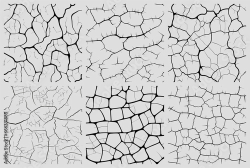 Monochrome cracks textures. Surface crack tiles, broken fissures backdrop sketch seamless patterns, black on white background