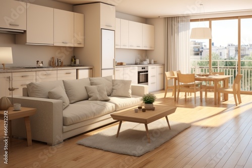 Contemporary style of studio interior apartment with kitchen and living room eating zone