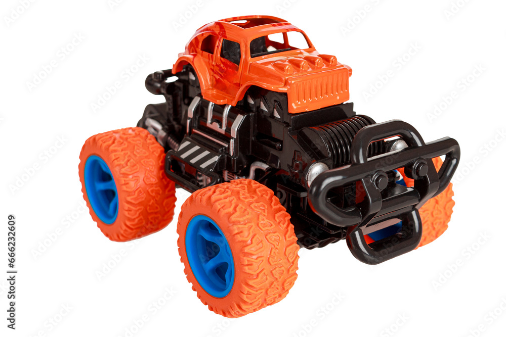 Fototapeta premium Jeep car toy with big wheels, monster truck big foot children's toy, isolated on white background