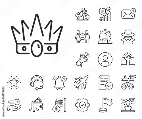 King or queen corona sign. Salaryman, gender equality and alert bell outline icons. Crown line icon. Royal monarchy symbol. Crown line sign. Spy or profile placeholder icon. Vector