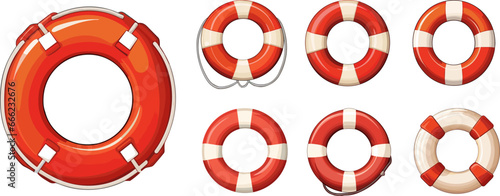 Cartoon lifebuoy set. Red and white lifebuoys icons isolated on white. Nautical safety, safe live on sea or ocean. Vector ship safing objects