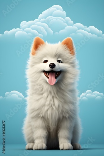 White pomeranian puppy on blue background