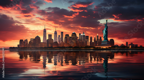 New York city with manhatttan background and sunset
