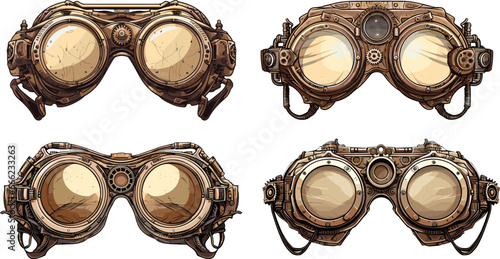 Eye glasses steampunk set. Decorative oculars, stylish sketch glasses isolated on white. Vintage trendy vector drawing elements