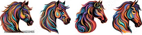 Horses heads neon elements. Abstract horse portraits, isolated farm animal mascots design. Strong independent mustangs, vector icons