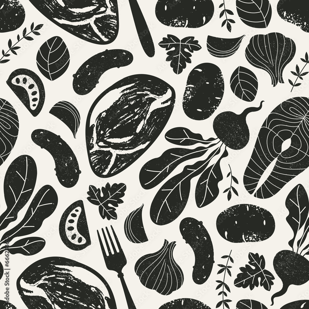 Various food. Textured silhouette seamless pattern. Groceries background. Vector illustration - obrazy, fototapety, plakaty 
