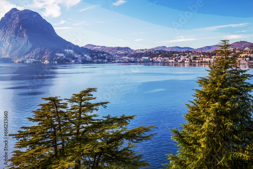 View on lkae Lugano with  amazing coniferous trees on the shore of Lugano lake photo