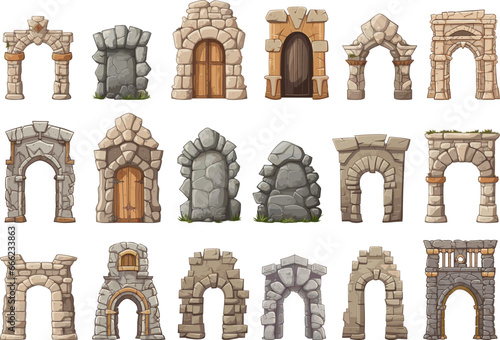 Stone medieval gates. Isolated arch gate with wooden doors. Cartoon game elements, decorative ancient arches vector collection