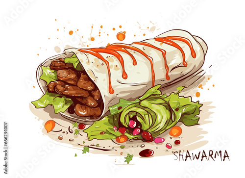 Tasty shawarma watercolor imitation drawing art. Isolated sketch souvlaki or greek roll with meat, vegetables and sauce. Street food vector graphic element