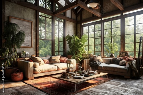 Blend of nature and vintage decor living room with rustic charm and modern comfort. Generative AI