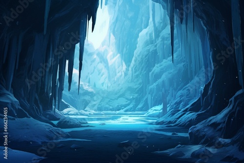 Digital artwork showing an icy cave in a mountain glacier with stalactites and daylight. The cave has a frozen blue and chilly atmosphere. Generative AI