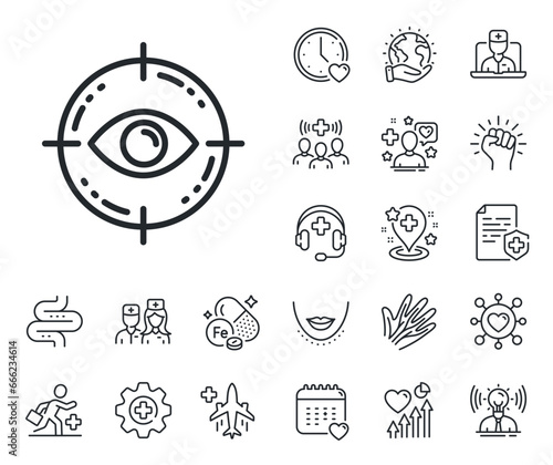 Oculist clinic sign. Online doctor, patient and medicine outline icons. Eye target line icon. Optometry vision symbol. Eye target line sign. Veins, nerves and cosmetic procedure icon. Vector