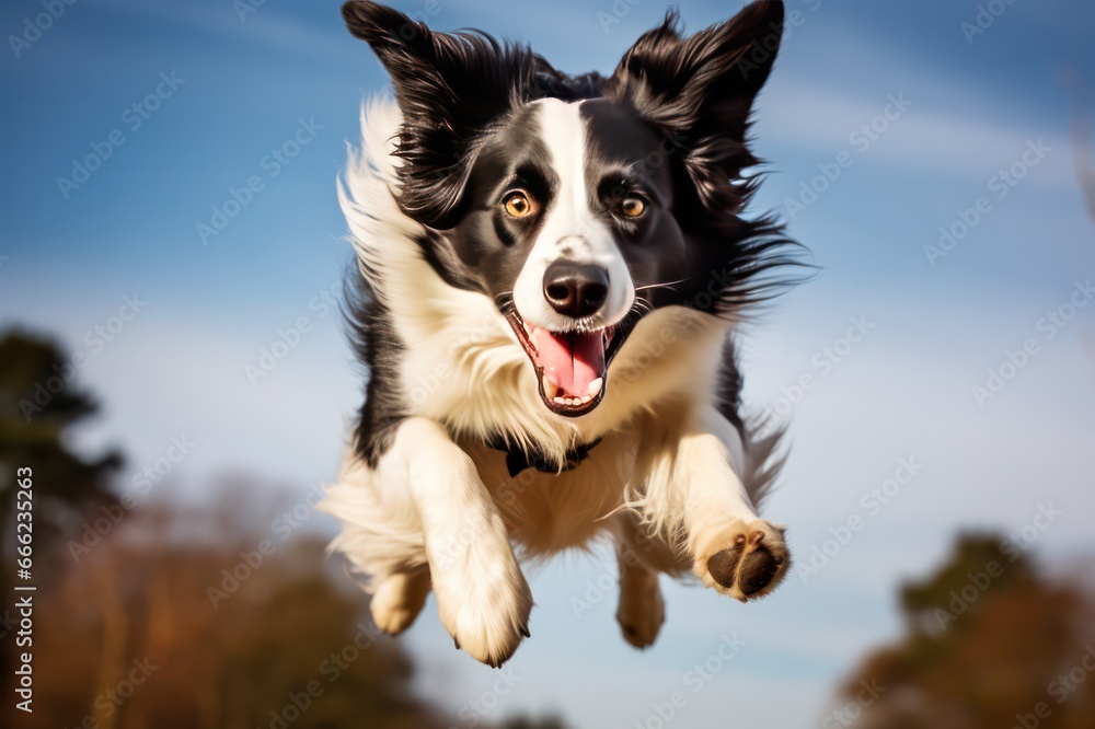 Fototapeta premium black and white border collie dog jumping with blue sky as background