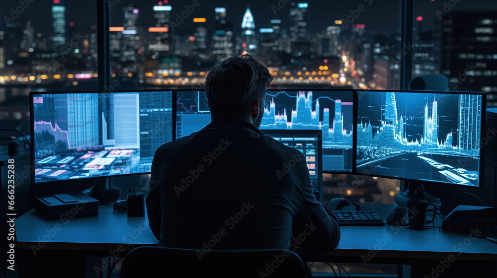 Analyzing the Night Market: Financial Businessman Working with Graphs and Data, Generative AI Analyzing the Night Market: Financial Businessman Working with Graphs and Data, Generative AI