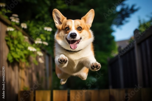 funny smiling welsh corgi pembroke dog jumping in the garden