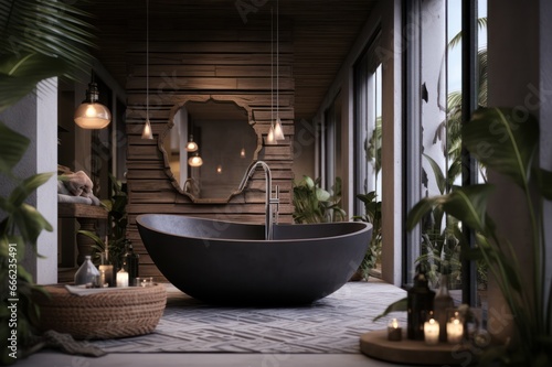 minimal boho luxury bathroom trendy hotel interior with stone bathtub