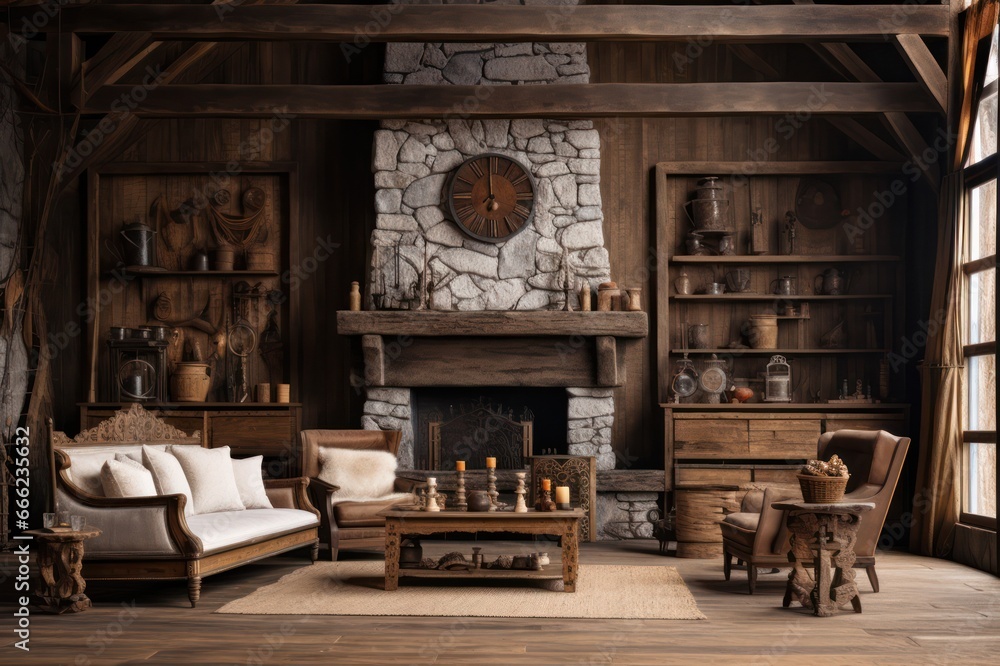 rustic living room interior with fireplace in hotel or house rustic living room interior with fireplace in hotel or house