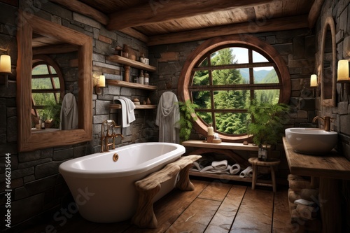 luxury rustic hotel bathroom interior with wooden decor