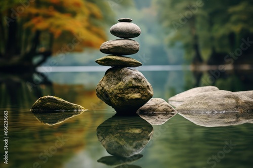 Stone balance autumn. Mindfulness practice. Rock balancing. Zen stones in water on the beach. Cairn building, Rock Stacking. Peace of mind and soul.
