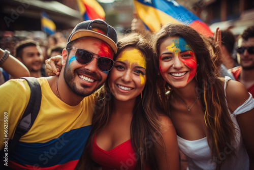 Colombian fans painted in the national colors of Colombia photo