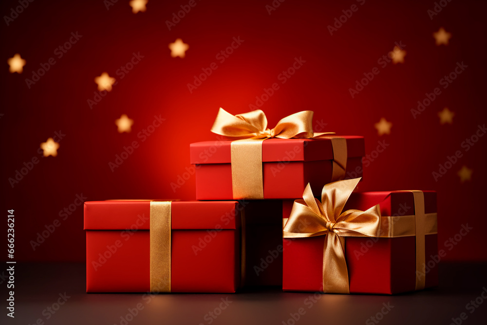 Obraz premium Christmas present gift boxes on a dark red background.